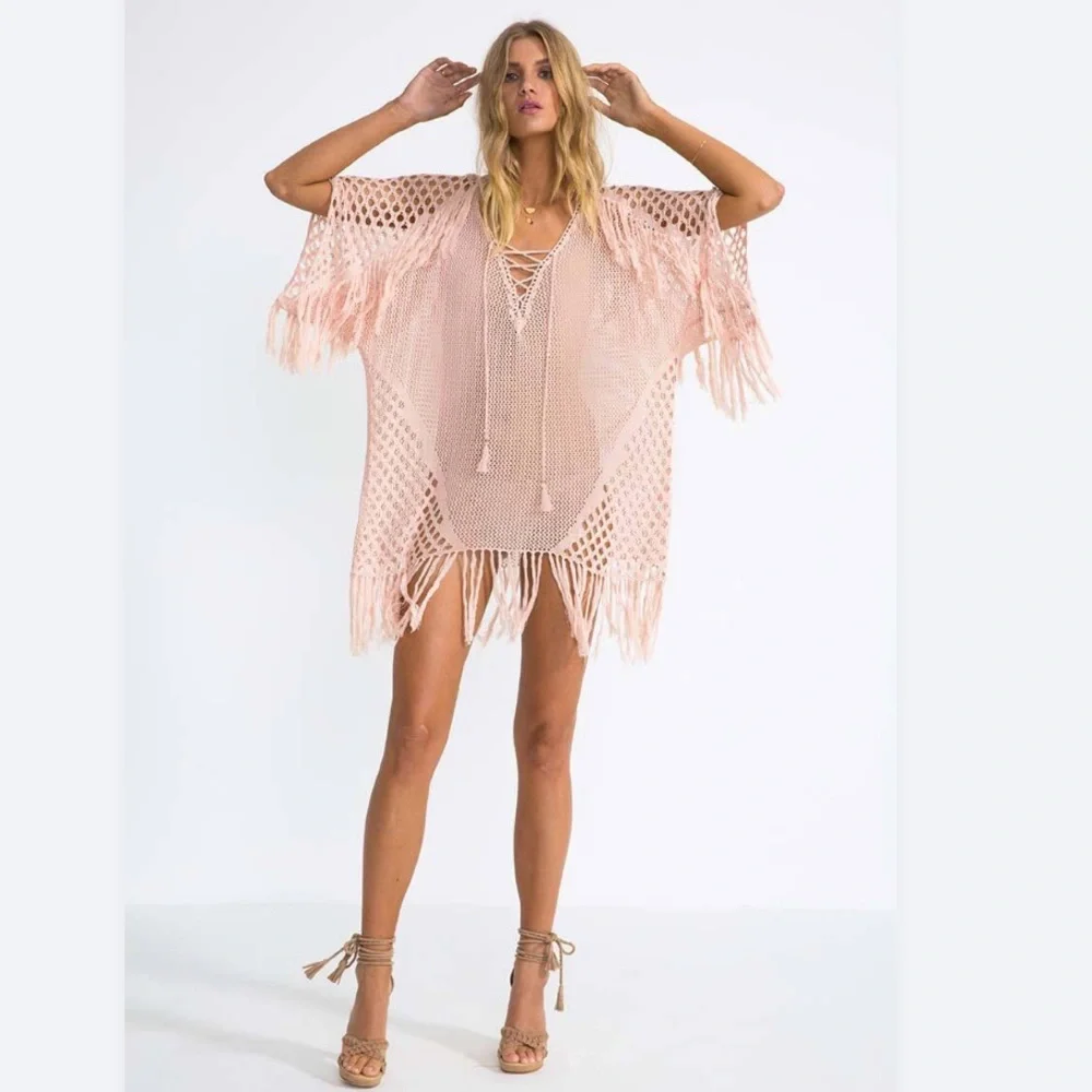 New! Peachy bohemian swim cover up with fringes - Picture 2 of 3